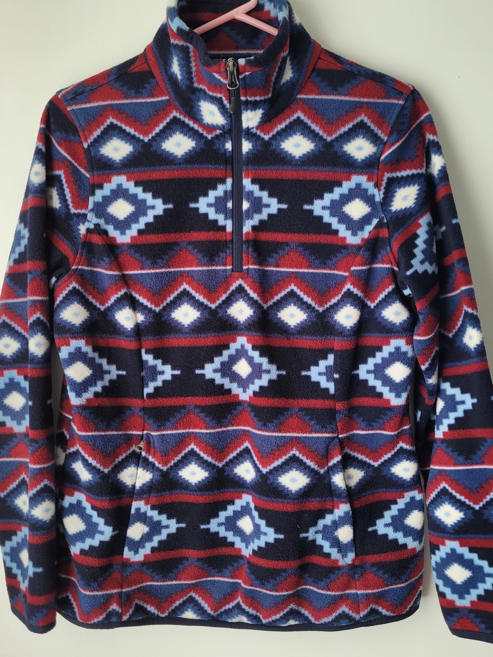 Amazon Essentials Women Navy & Red Geometric Quarter-zip Fleece Pullover Size M